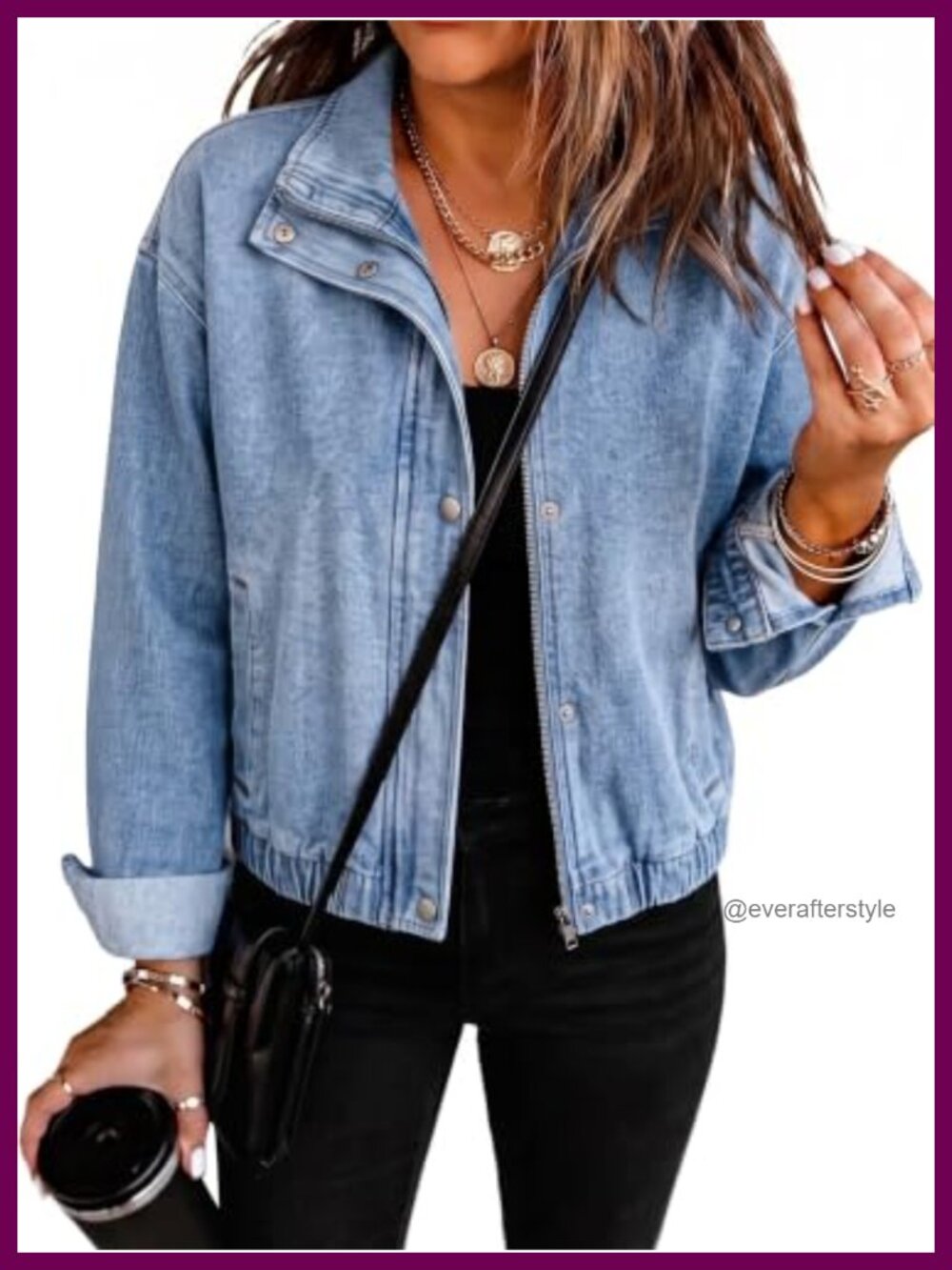 Cropped Oversized Denim Jacket Zip Up Stand Collar Snap Button